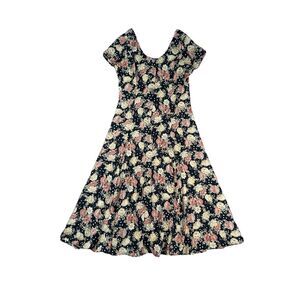 vintage express floral midi button front slit dress grandma short sleeve black M